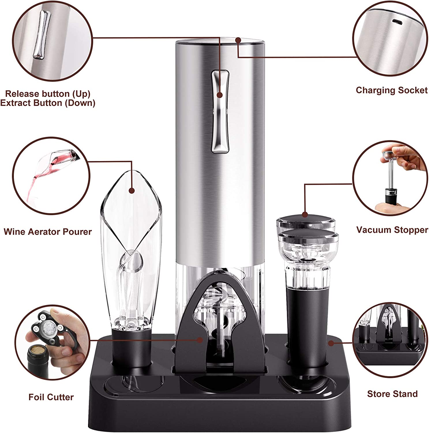 Foneta Electric Wine Opener Rechargeable Wine Bottle Opener with Charging  Base, Wine Aerator Pourer, Foil Cutter,